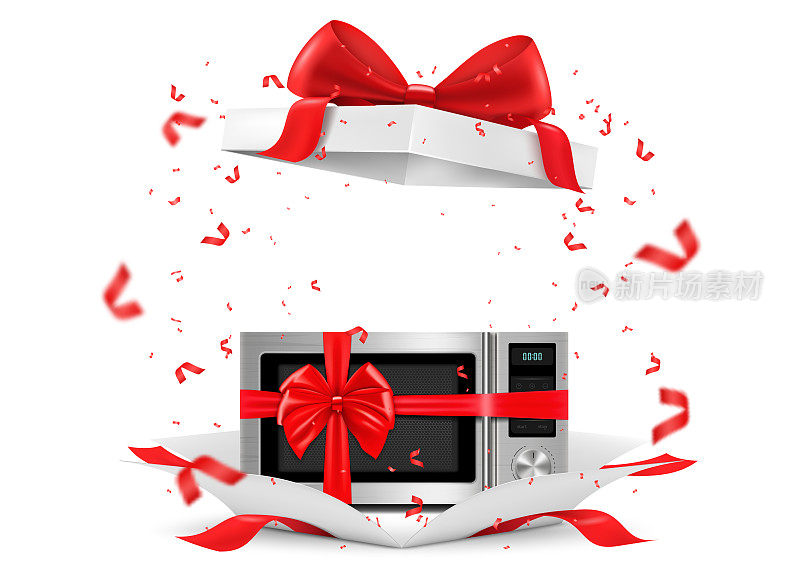 微波炉内红丝带和蝴蝶结打开礼盒。礼物的概念。厨房电器。孤立的3d矢量插图。3 d渲染。
